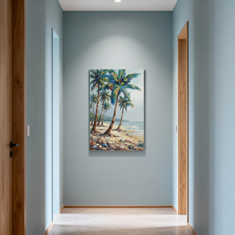 Plantes et fleurs, plage tropicale, palmiers, coquillages, vue sur l'océan, H 18 po x l 12 po