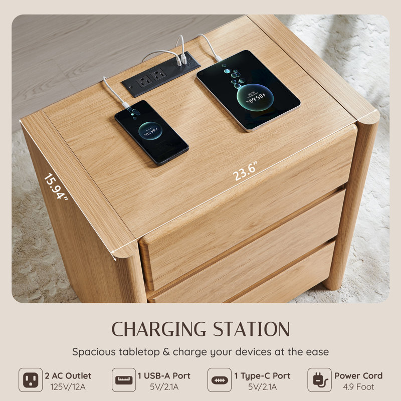 Grande table de chevet moderne de 25 po avec station de charge et 3 tiroirs de rangement Bolanos, Naturel, 3