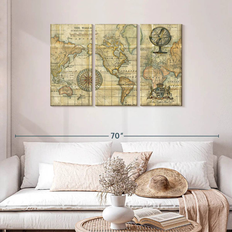 Carte du monde antique brun Aliaz, H 28 po x l 45 po