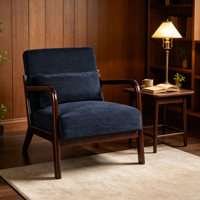  Fauteuil d'appoint Mid-Century moderne, lin en coton, structure en bois massif, coussin lombaire amovible pour le salon, la chambre, le bureau, le coin lecture