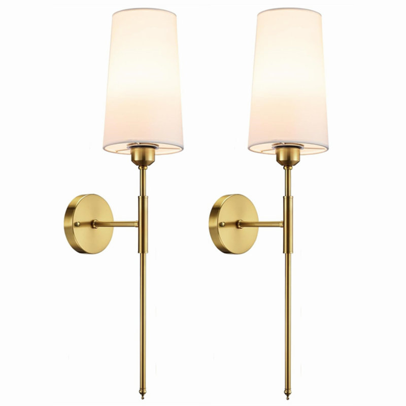 Battery Operated Wall Sconce, Rechargeable Wall Sconce With Remote, Dimmable Wireless Wall Sconces Set Of Two, White Fabric Wall Lamp With Bulbs, No Wiring Gold Wall Light For Bedroom