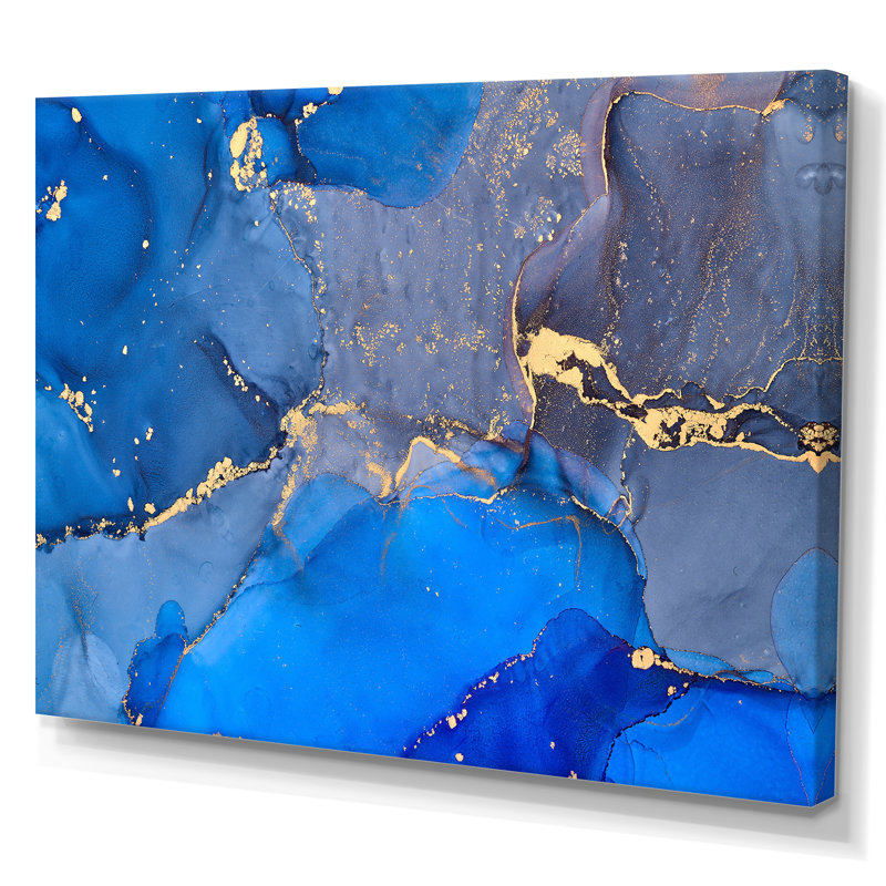 «Blue Luxury Abstract Fluid Art V», reproduction d'art sur toile moderne, H 16 po x l 32 po, Toile tendue