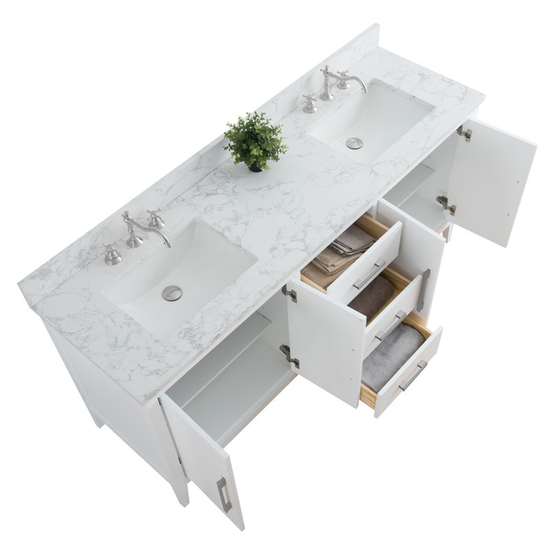 Meuble-lavabo double 72 po avec plateau en marbre, Blanc, Nickel brossé