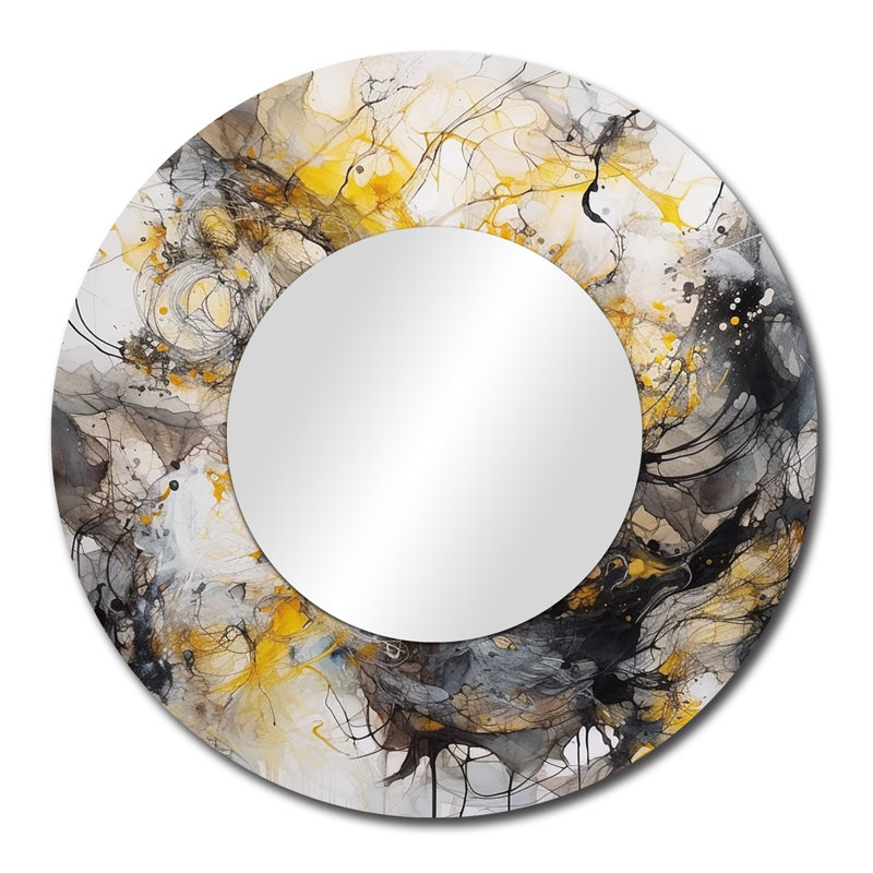 Yellow Grey Marble Symphony II - Abstract Decorative Mirror, Yellow Round Wall Mirror, Printed Metal Art, 29" x 29"