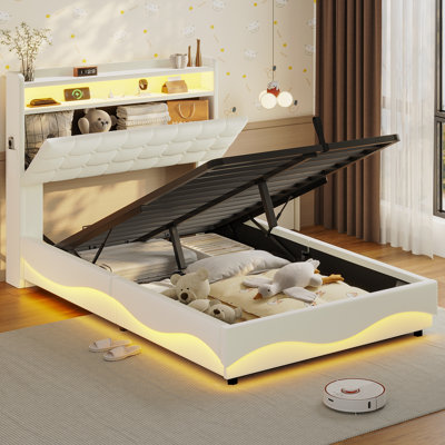 Base de lit avec rangement relevable avec station de charge et tête de lit cachée, lit plateforme tapissier avec rangement hydraulique