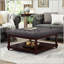 Large Square Upholstered Tufted Linen Ottoman Coffee Table, Solid Wood Shelf for Versatile Use and Storage-131281866-131281867