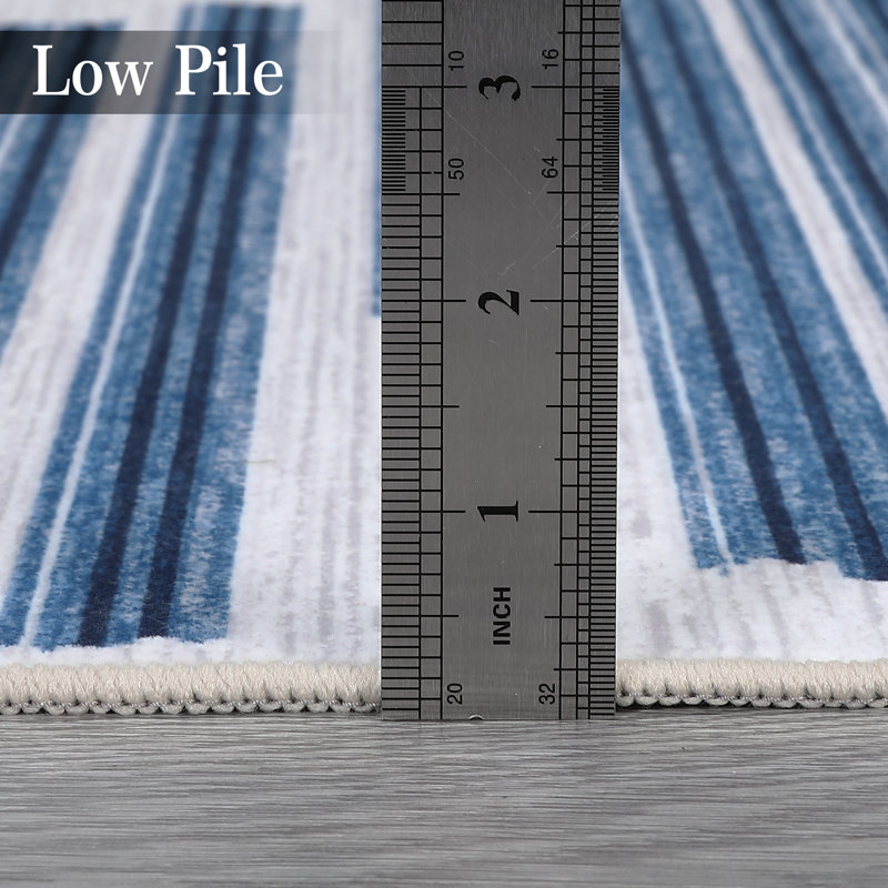 Tapis rayé en polyester bleu Kr Krellyn, Rectangle 5 pi x 7 pi
