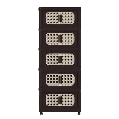 Retro Brown,20" Side Wide Folding Storage Cabinet ,5 Tiers,19.69"×11.81"×50.00",Collapsible Storage Bins With Magnetic Door, Plastic Storage Cabinet With Wheels