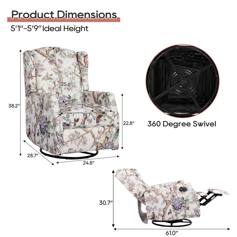 Floral Patterned Wingback Swivel Rocker Recliner Set