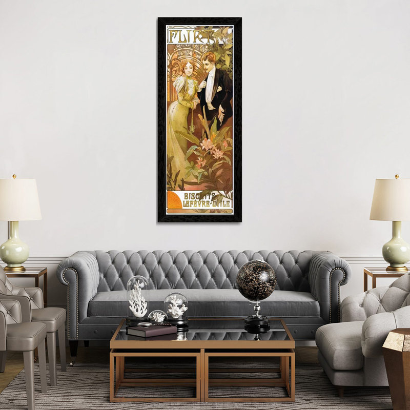 Flirt' Biscuits By Lefevre-Utile 1899 by Alphonse Mucha - Panoramic Painting on Canvas, Black Framed