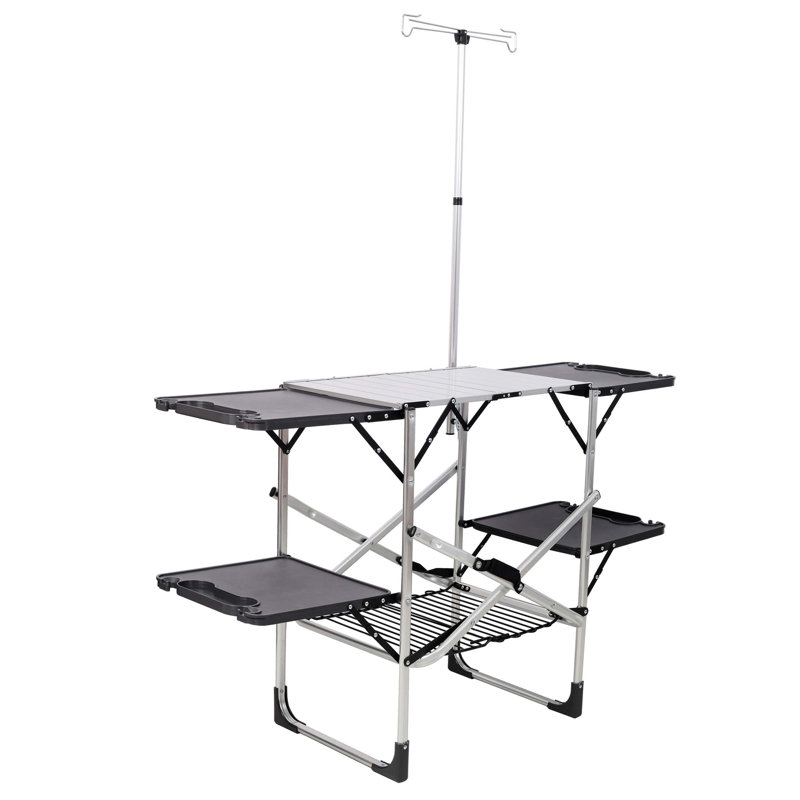 Table de cuisine de camping pliante - Station de cuisson extérieure portable avec plateau résistant à la chaleur, 4 tables d'appoint, support de rangement et lampadaire pour les pique-niques et les voyages de camping （Table seulement）