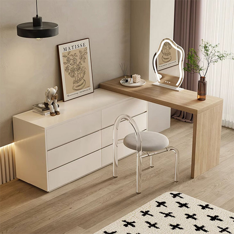 Coiffeuse avec miroir lumineux, 6 tiroirs, Beige / Burlywood