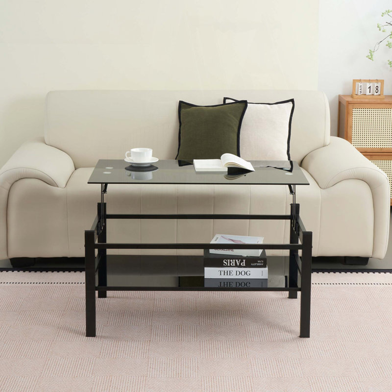 Table basse à plateau relevable en verre avec verre trempé 2 couches - noir