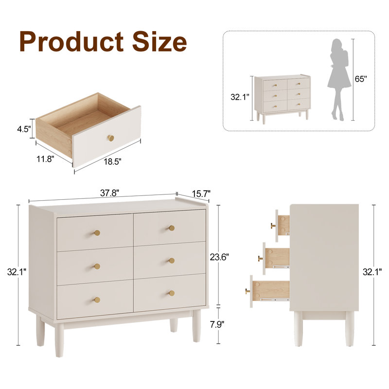 38.58 " W Solid Wood 6 - Drawer Dresser, White