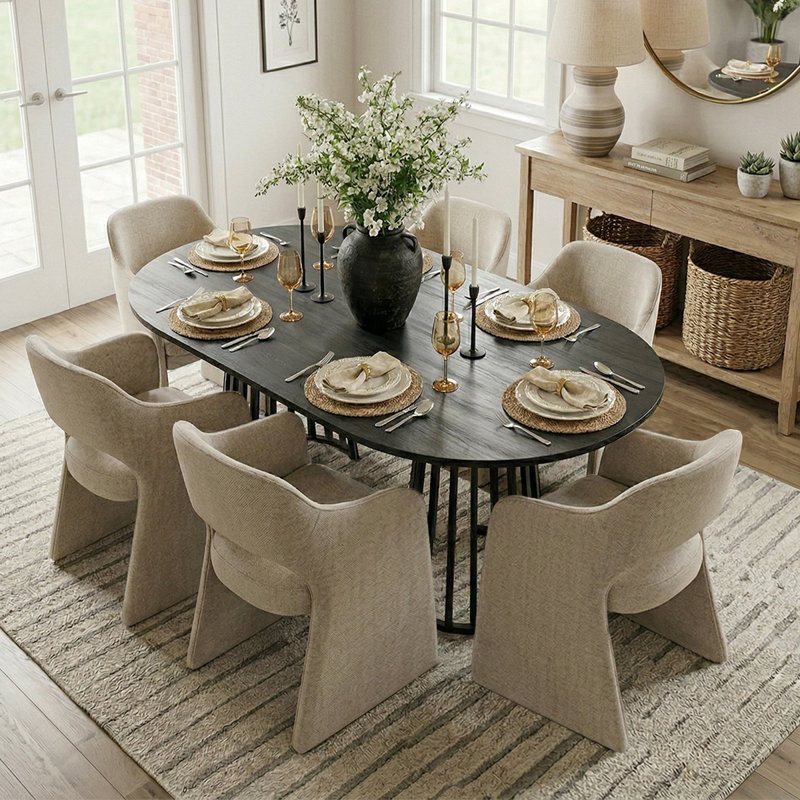 6 - Person Dining Table Sets With Extendable Table & 6 Upholstered Fabric Chairs, Khaki