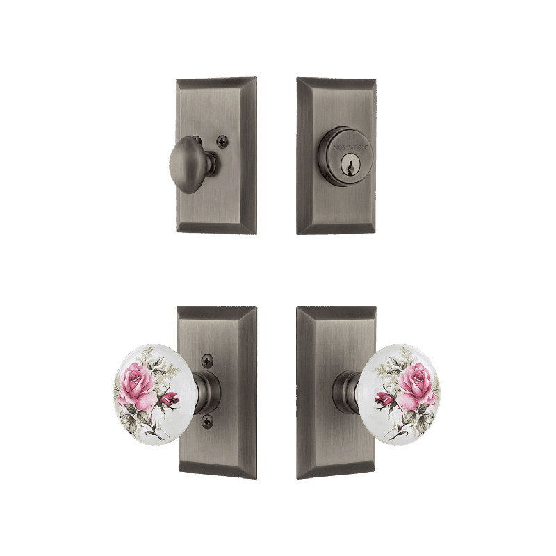 Ensemble d'entrée Nostalgic Warehouse Studio avec bouton en porcelaine rose blanche, Étain antique
