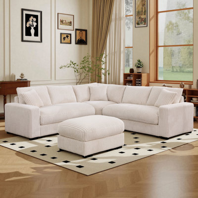 Clitheroe 98.7" W Standard Size L-Shaped Corner Corduroy Modular Sectional Sofa With Movable Ottoman