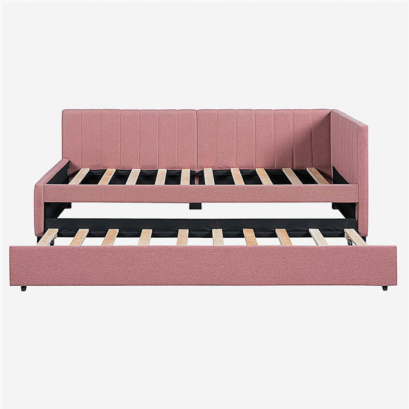 Storage sofa bed frame with a linen fabric cover, no bed panel., Pink