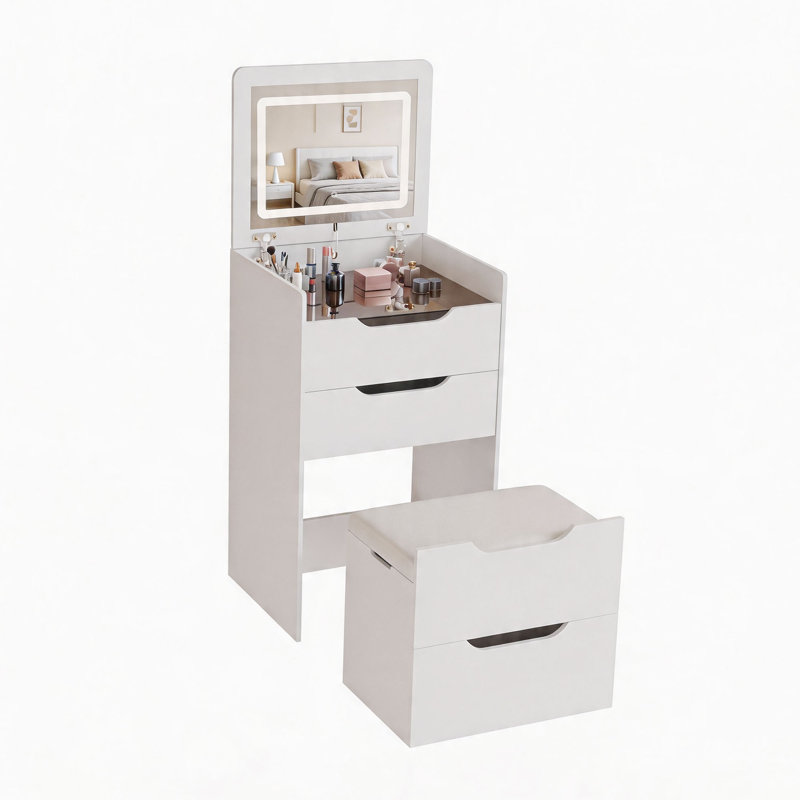 Ensemble de meuble-lavabo 3-en-1 de 18,9 po de largeur avec miroir à DEL rabattable, 3 tiroirs et tabouret rembourré, table de maquillage multifonctionnelle, table de chevet et poste de travail pour les petits espaces