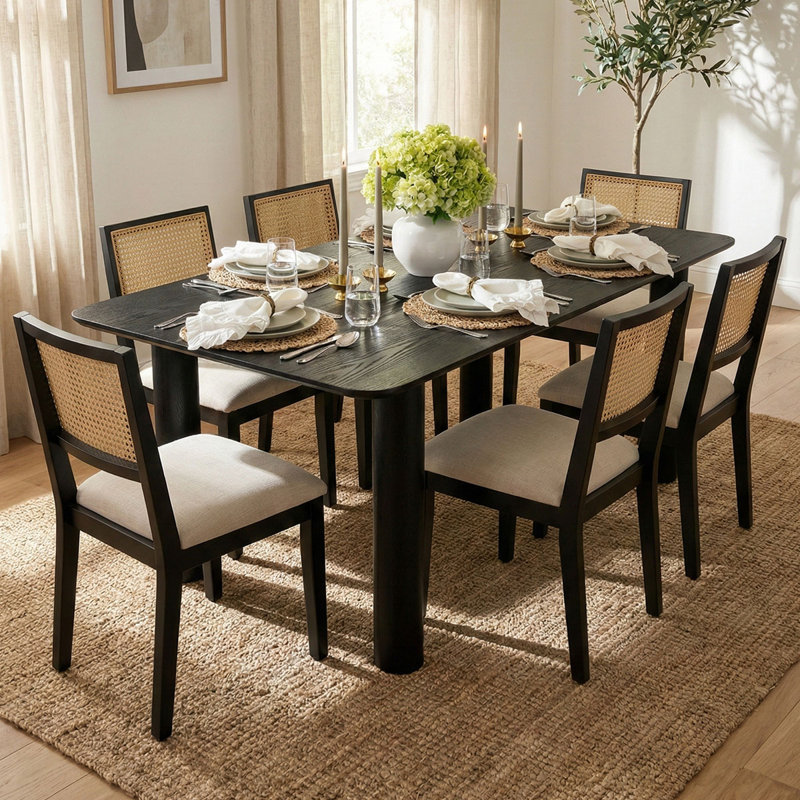 7-Piece Modern Black Dining Set With 6 Cane Back Chairs, Black