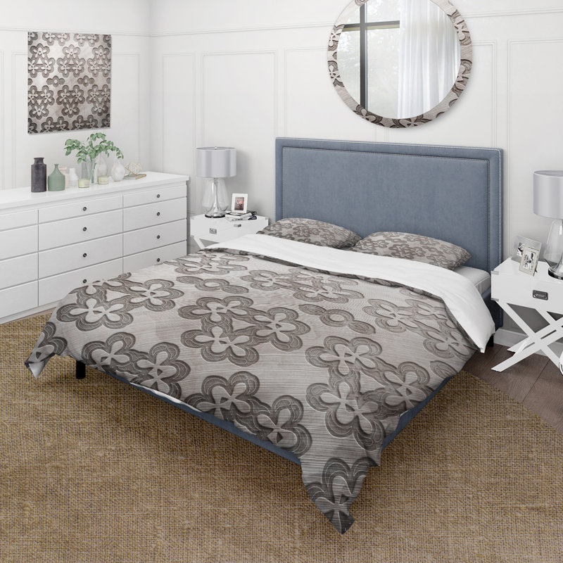 Fleurs d'ornement grises - Ensemble de housse de couette moderne - Microfibre de polyester