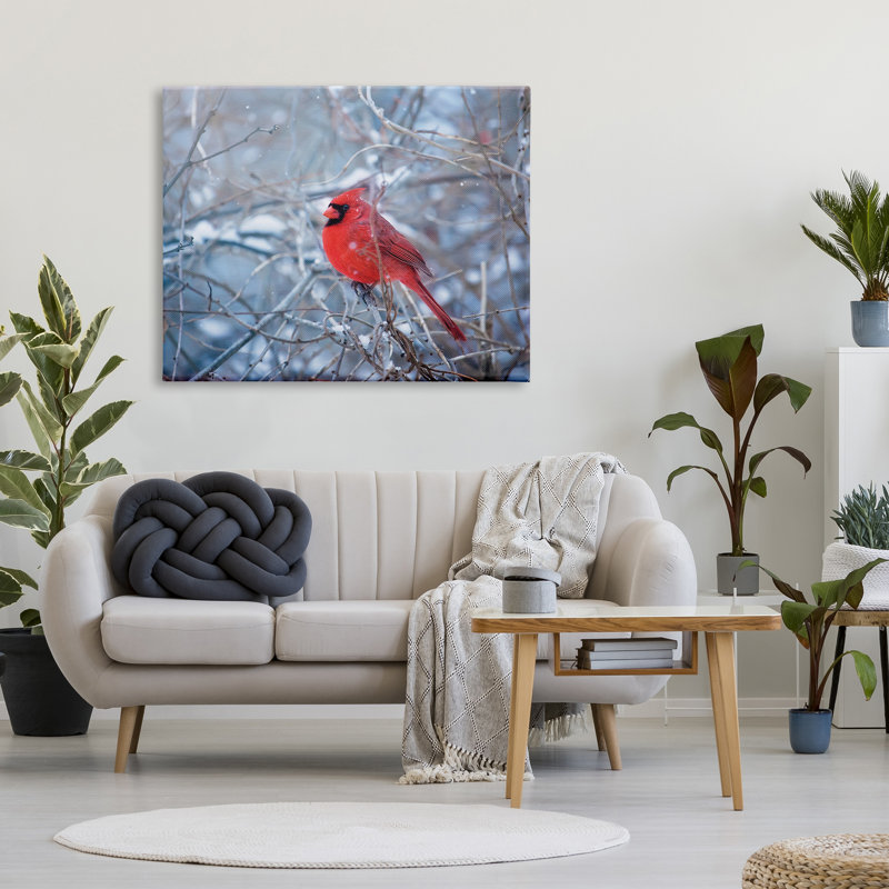 Cardinal dans les branches d'hiver sur toile par Karen Burke, H 36 po x l 48 po x P 1,5 po