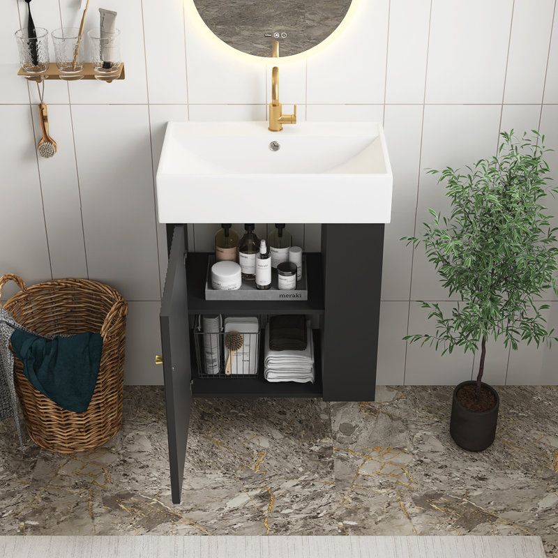 Meuble-lavabo flottant noir moderne de 22 po avec lavabo en céramique, rangement à droite, pour les petites salles de bain