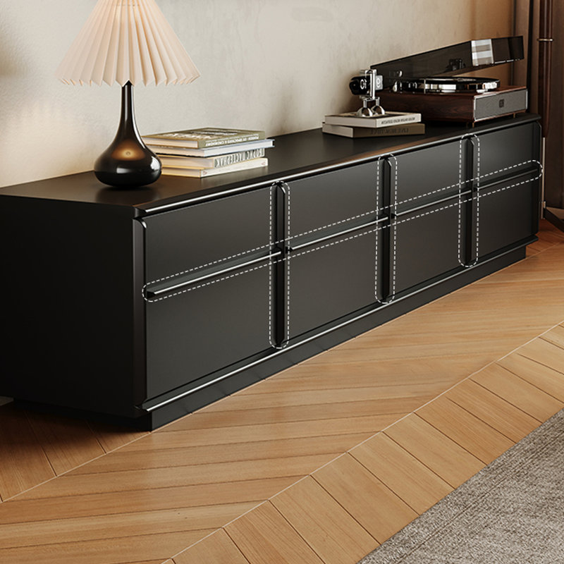 Meuble télé en bois noir avec quatre tiroirs fermés, H 15,75 po x L 78,74 po x l 15,75 po