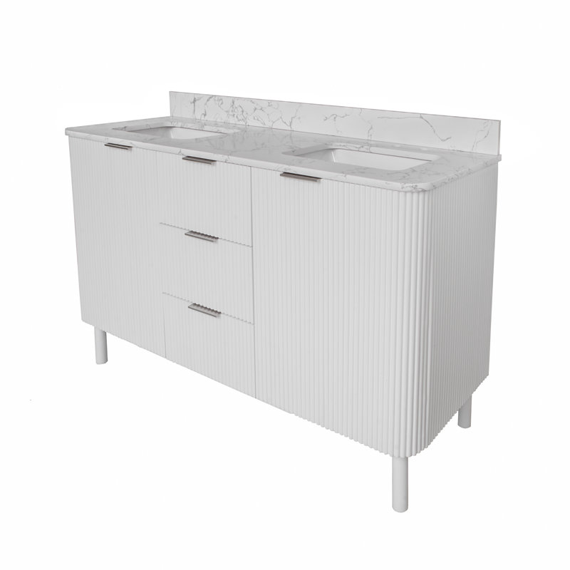 Meuble-lavabo double 60 po Belwood, Nickel brossé, Marbre d'ingénierie