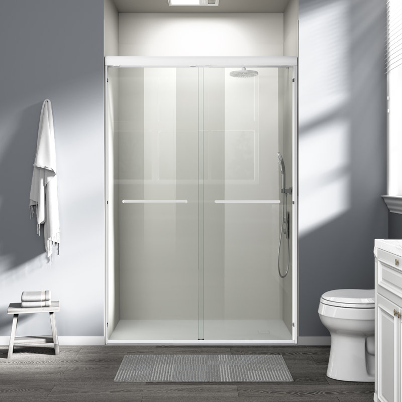 44"-48" W x 72" H Double Sliding Shower Door Semi-Frameless Bypass Sliding Door with SGCC Tempered Glass Explosion-Proof Film, 2 Towel Bars for Walk-in Bathroom, Matte White