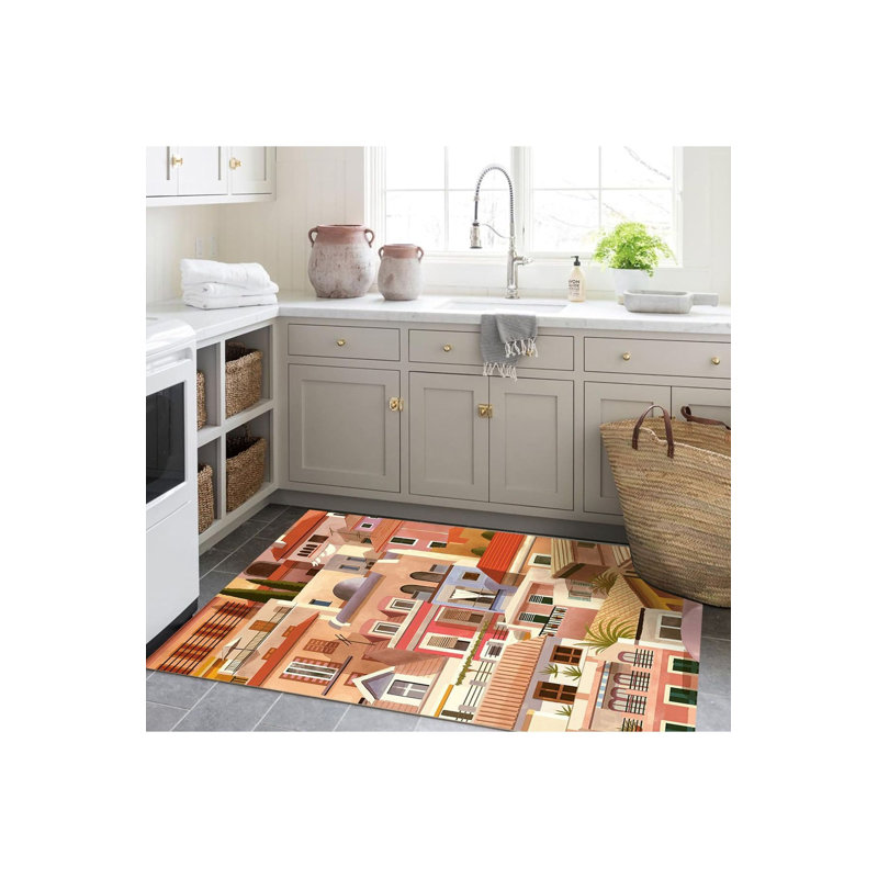 Multicolor Mixed Houses Patterned Woven Base Creative Modern Decorative Rug, Rectangle 3'3" x 4'11" Rug Pad Included