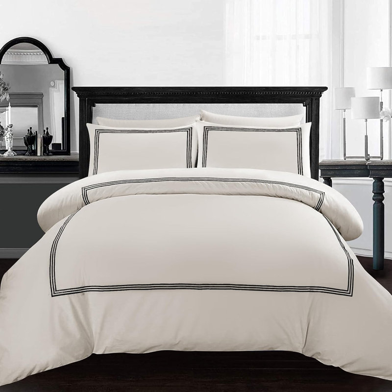 My Home Store Junco Duvet Cover Set Microfiber 3 Piece Luxury Bratta Stitch Duvet Cover Sets With Pillowcase, Cream/Black