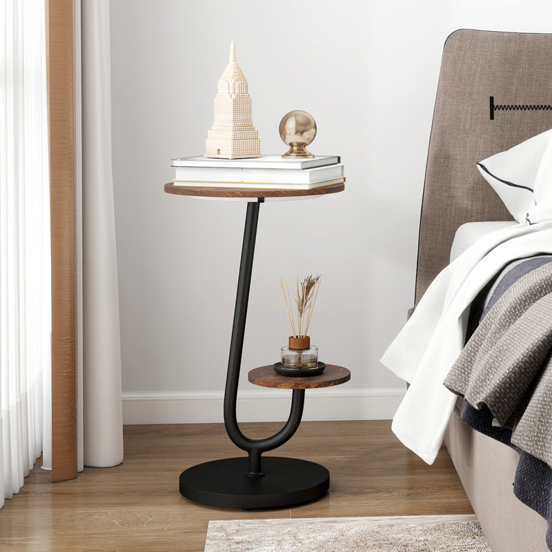 Bedside Table With 3 Color Light, End Table With 2 Tier Board, L-Shaped Coffee Side Table