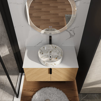 Meuble-lavabo mural 36 po avec lavabo d'art en céramique, comptoir en pierre artificielle et portes à fermeture en douceur