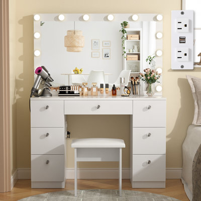 Greyden Makeup Vanity with Lights, 7 Large Drawers and Outlets