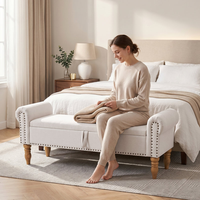 Banc de rangement rembourré Dawsey, Beige, L 60 po