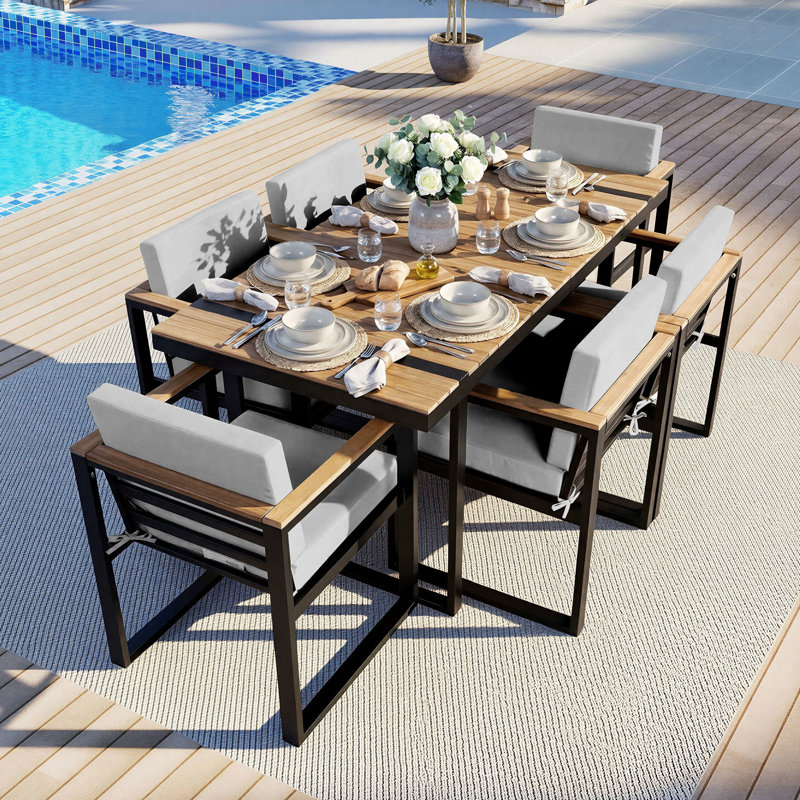 7 Pieces Outdoor Dining Set, 6-Person Outdoor Conversation Set with Removable Cushions – Patio Table & Chairs for Backyard, Garden, Poolside
