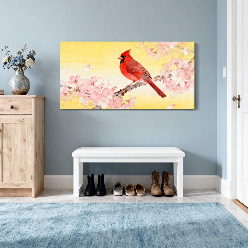 Animaux, cardinal rouge sur une branche de cerisier en fleurs, H 16 po x l 32 po