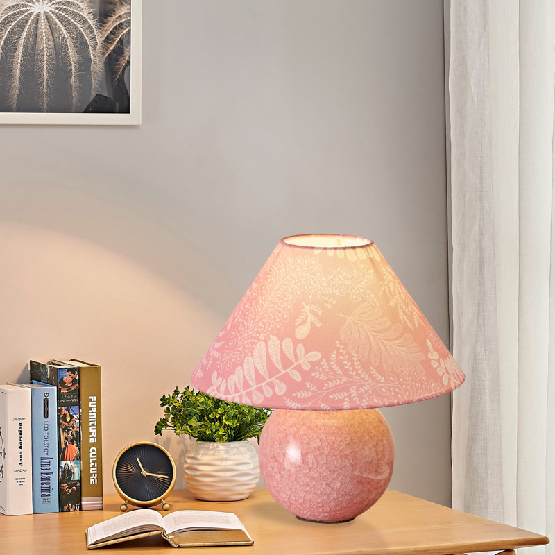 11.81-in Pink Snowflake Glossy Ceramic Table Lamp With Fabric Lamp Shade, Pink