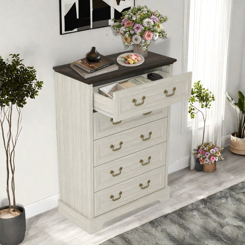 Farmhouse Chest Of Dresser With 5 Drawes 31.1''W For Bedroom, Gray/Brown