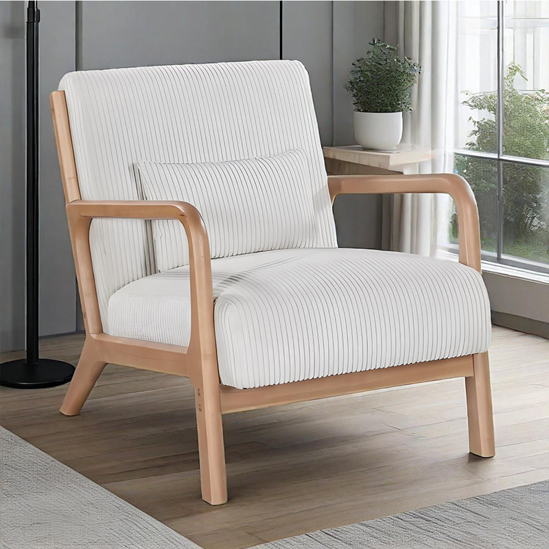 Chaise longue en bois avec coussins Mid-Century, Naturel, Blanc