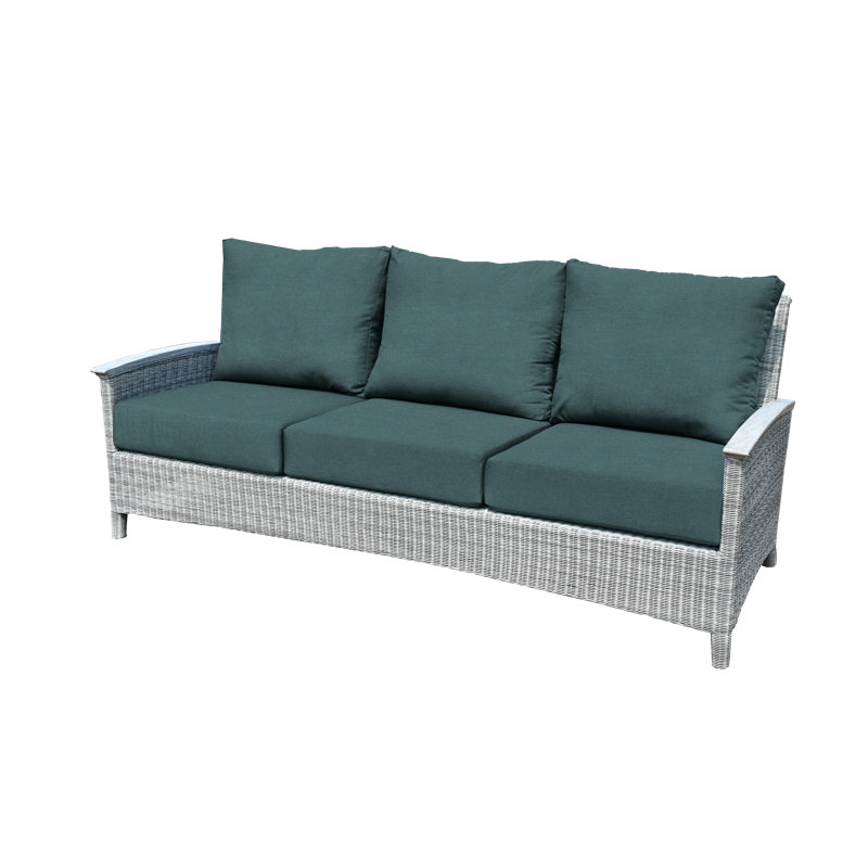 Bella 79.75" Wide Outdoor Wicker 3 - Seater Patio Sofa with Cushion, Cast Lagoon Sunbrella® Plainweave, Gray