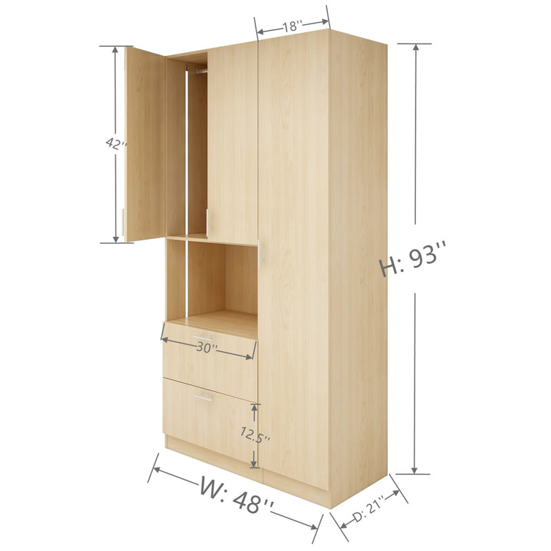 Armoire-penderie moderne avec tiroir blanc, Naturel, H 93 po x l 48 po x P 21 po