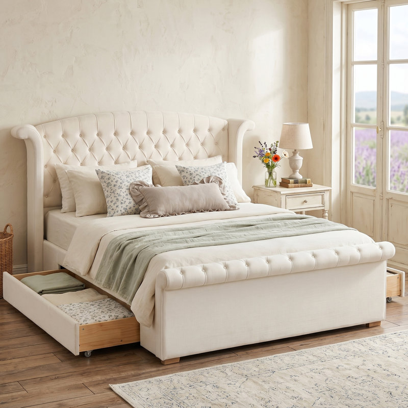 Lit-bateau tapissier en velours avec tête de lit capitonnée à oreilles et deux tiroirs de rangement latéraux, Cream, Grand