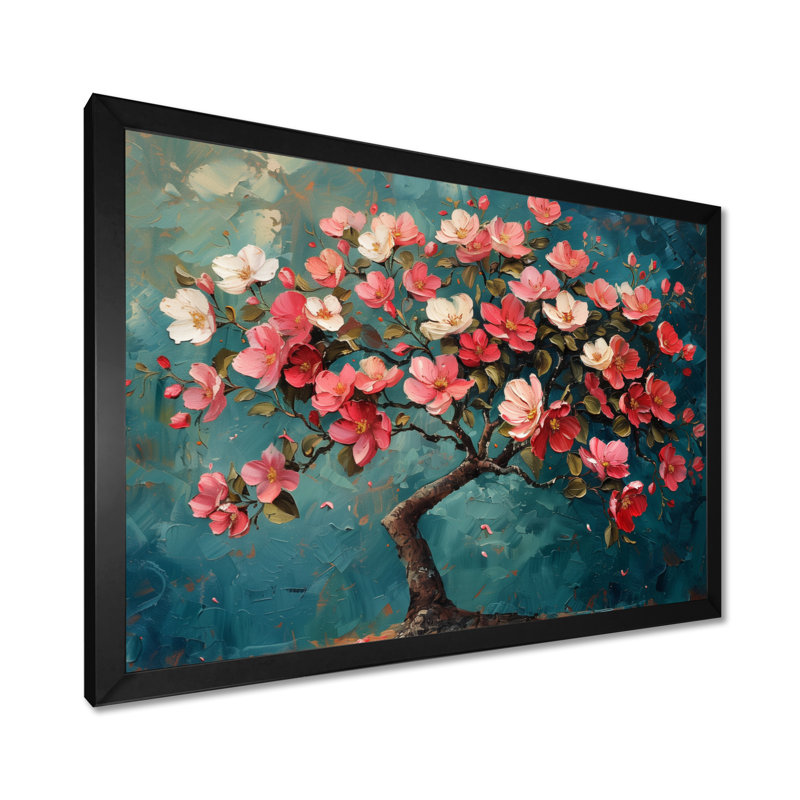 Fleur de pommier bleu et rose I - décoration murale fleur de pommier, H 12 po x l 20 po, Cadre simple noir