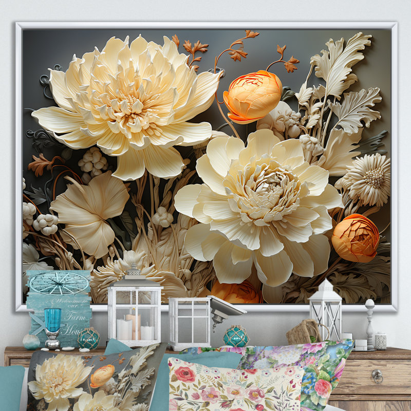 Ivoire floral complexe sur toile, H 12 po x l 20 po x P 1 po, Cadre flottant blanc