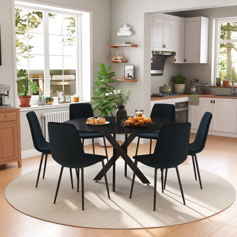 47in Round Dining Table Set, 7, Black, Black
