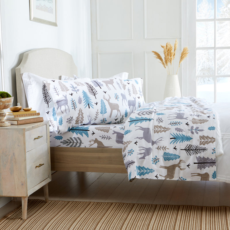 Ensemble de draps à imprimé géométrique 100% flanelle de coton, Ensemble de drap pour lit très grand avec drap-ho