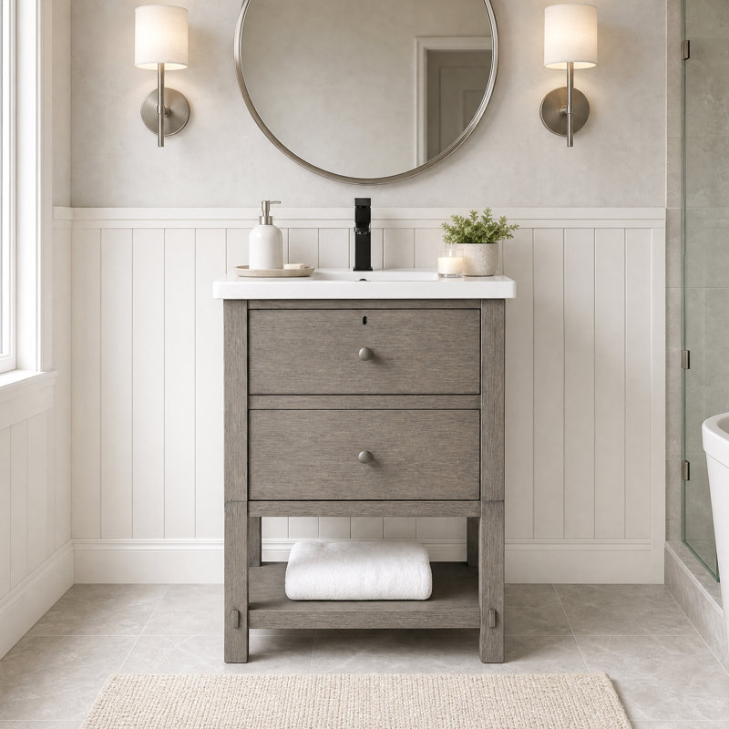 Meuble-lavabo double avec plateau en céramique Lunnete, L 24 po