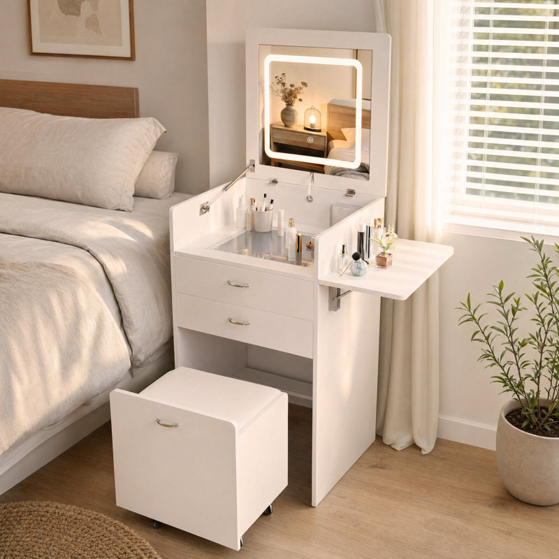 19.6'' W White Makeup Vanity Set with Lighted Mirror & Stool – Flip Top Vanity Desk with 3-Color LED Dimmable Light, 3 Drawers, Hidden Wheeled Stool & Power Outlet